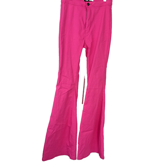 JC & JQ Bright Pink Stretchy High Waisted Flared Disco Bell Bottom Jeans Large - Picture 1 of 6